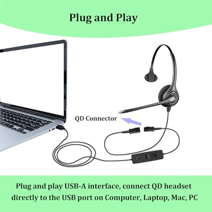 Headset USB Adapter Quick Disconnect QD Cable to USB A Plug Adapter for Plantronics QD Wired Headset with in-line Volume Mute Controls to Computer Laptop PC Mac VOIP Softphone