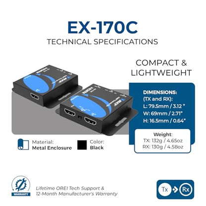 OREI 4K HDMI Over Ethernet Extender Over CAT5/CAT6/CAT7, with IR Upto 164 Feet - Loop Out - 4K @ 30Hz 1080P Full HD Signal Distribution (EX-170C) (Pack of 2) - size: 2 PACK
