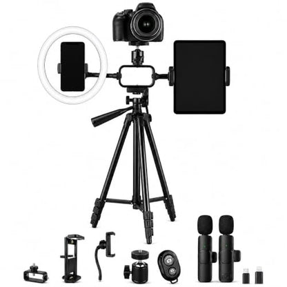 Acuvar Premium 9-Piece Vlogging Kit for iPhone, Android & Cameras – Wireless Microphone, Tripod Stand & LED Ring Light – YouTube, TikTok & Content Creator Bundle - size: Pro Kit + Wireless Mic