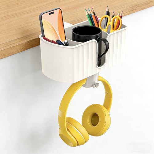 4-in-1 Desk Organizer with Headphone Hanger, Cup Holder, Pen Holder & Desktop Storage, Clamp-on Desk Accessories for Office and Gaming Desk