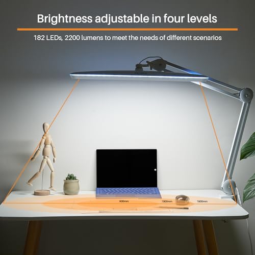 Task Lamp with Clamp, 23 Inch Lamp Head, Bright 182PCS LEDs,3 Color Temperatures, 4 Brightness Levels, Metal Swing Arm 20W 2200 Lumen Dimmable Led Desk Lamp (White, CCT) - color: White, CCT