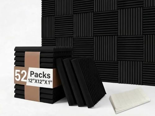 52 Pack Acoustic Foam Panel Wedge Studio Soundproofing Wall Tiles 12" X 12" X 1" - color: Black