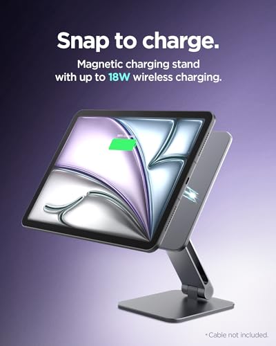 Spigen for Magnetic Wireless Charging Stand Compatible with iPad Air11 M3/M2, 10.9", Pro 11" Gen 2/3/4 Foldable Adjustable Aluminum Pogo Pin Charger Tablet Holder Desk Mount - Space Gray (LD207W1) - size: iPad Air 11" & iPad Pro Gen 2-4