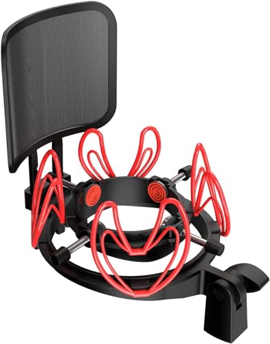 Universal Microphone Shock Mount with Pop Filter for Condenser Microphones Size at 21-62mm Anti-Vibration Mic Holder Clip(Red) - style: Red