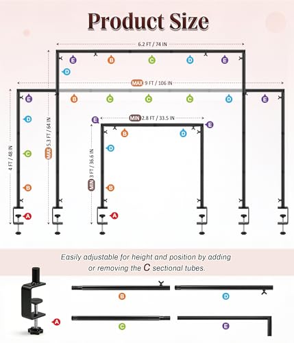 MEILIDY Over The Table Rod Stand with Clamps for Balloon Backdrop, Black | Adjustable 33.5-106 Inch Length 36.6-48 Inch Height, Fits for Party Wedding Birthday Anniversary - color: Black