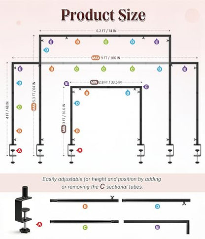 MEILIDY Over The Table Rod Stand with Clamps for Balloon Backdrop, Black | Adjustable 33.5-106 Inch Length 36.6-48 Inch Height, Fits for Party Wedding Birthday Anniversary - color: Black