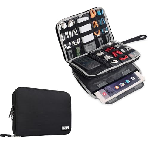 BUBM Double Layer Electronics Organizer/Travel Gadget Bag For Cables,Memory Cards,Flash Hard Drive and More,Fit For iPad Or Tablet(Up To 9.7")--Large, Black | Travel Gadget Bag For Cables, Memory Cards, Flash Hard Drive and More, Fit For iPad or Tablet(Up