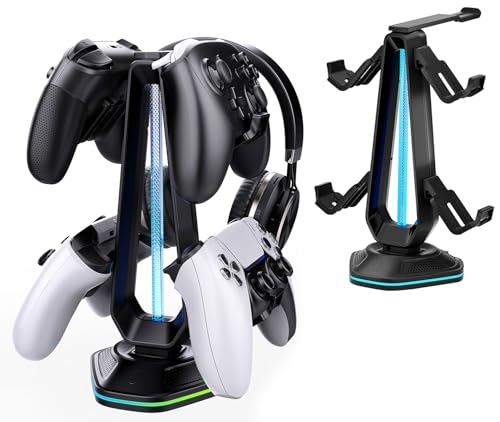 RGB Headset Stand with 9 Light Modes and 2 USB Charging Ports - Controller Holder for Desk - Headphone Stand & Detachable Controller Hook for PC Earphone Gaming Room Setup Accessories