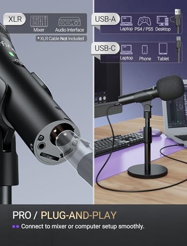 FIFINE USB/XLR Dynamic Microphone for Podcast Recording, Studio Desktop Mic with Mute Button, Height-Adjustable Stand, Windscreen for Vocal, Streaming, Voice Over, Black-AmpliTank TANK2