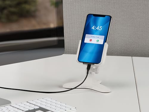 WeatherTech DeskFone Two View in White - Adjustable, Universal Cell Phone Holder Mount Stand for Desk, Counter, Table - Tripod Design for iPhone & Smartphone Charging - White Plastic Knobs - color: White Plastic Knobs