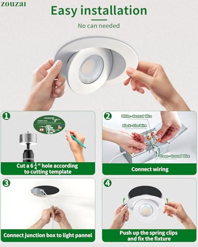 zouzai 6 Inch Gimbal LED Recessed Lights, White, 12 Pack, with Junction Box, 360°+ 90° Adjustable, 5CCT 2700K-5000K, Dimmable, Canless Eyeball Downlight, CRI90+, 1700LM 15W 120V, ETL - color: White-6 inch, size: 12 Pack
