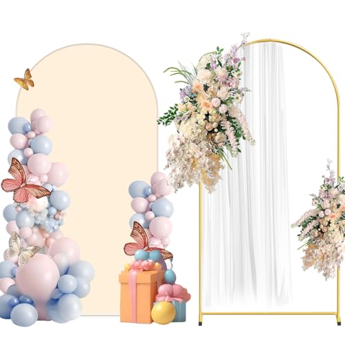 Metal Arch Backdrop Stand and Cover Set, 6.6FT Beige Reusable Spandex Fitted Backdrop Cover and Gold Wedding Arch Frame for Baby Shower, Birthday, Parties Decoration. - color: Beige, size: 6.6ft