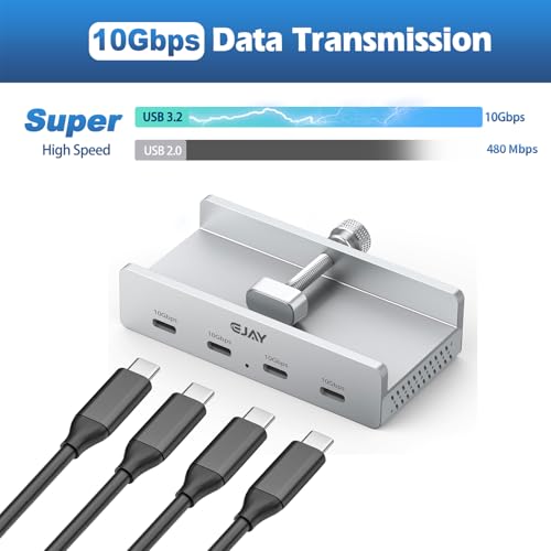 EJAY USB C Hub Clamp Mount, 4-Port 10Gbps USB 3.2 Hub Gen 2, Aluminum Clamp On USB Hub for Monitor & Desk, Dual Cable USB C Splitter Data Hub for Mac, PC, Desktop, Silver