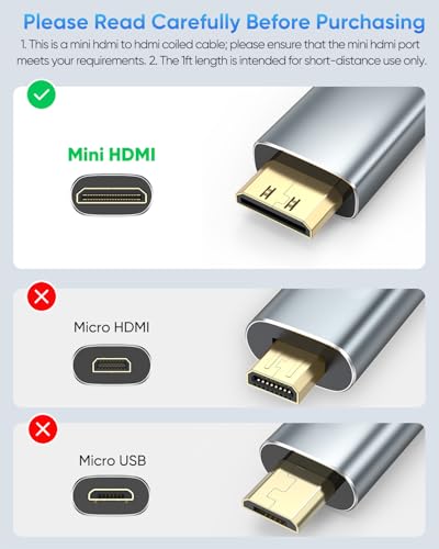 4K Mini HDMI to HDMI Coiled Cable 1FT-3FT for Camera Field Monitor, HDMI to Mini HDMI Coiled Cable Short [Aluminum Shell] 4K@60Hz, 2K, 1080P, HDR, ARC for DSLR, Portable Monitor, Laptop