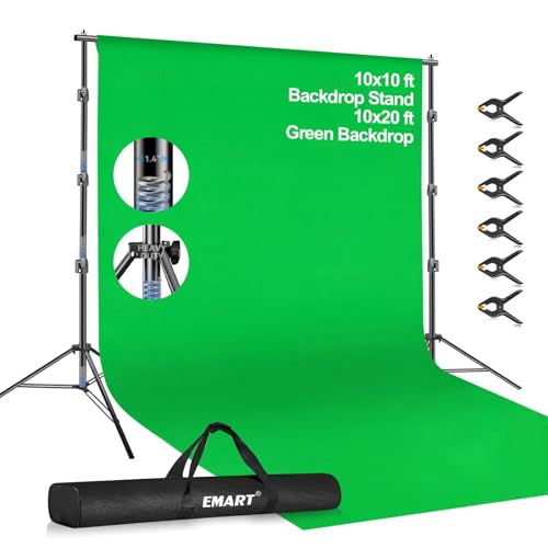 EMART 10 x 10ft Green Screen Backdrop Kit with Tripod Stand, Photography Background Support System with 10 x 20ft 100% Cotton Muslin Chromakey Backdrop for Photo Studio, Video Shooting, Live Streaming - size: 10*10ft Stand/10*20ft Backdrop