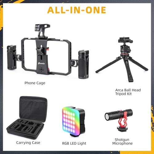Zeadio All-in-One Phone Video Vlogging Kit, Versatile Video Cage with RGB Light, Mic, Arca Ball Head Tripod, Handheld Stabilizer for YouTube/TikTok/Live Streaming, Compatible with All Smartphones - style: Pro Kit