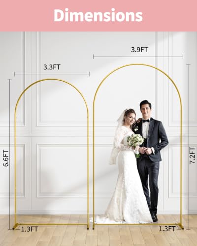 Pureegg Metal Arch Backdrop Stand Set - Set of 2 (7.2ft/6.6ft), Gold Wedding Stand with Stable Base, Elegant Backdrop Cover for Party, Birthday, Baby Shower, Graduation, Easy to Assemble - color: Gold, size: 7.2FT, 6.6FT