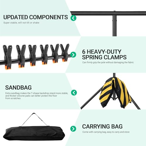 T-Shape Portable Backdrop Stand – 8x5.2ft Adjustable Photo Background Stand Kit, Sturdy Small Back Drop Holder with 6 Spring Clamps, Sandbag, Carry Bag for Party, Photography and Video Studio