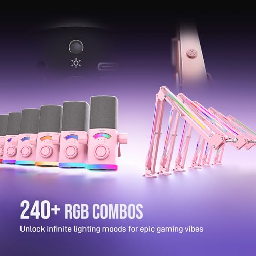 FIFINE XLR/USB Gaming Microphone Kit with Boom Arm Stand, RGB Streaming Mic for Computer Compatible with PC/PS4/PS5, Podcast Mic Set with Headphone Jack, Volume Knob, Mute-AmpliGame AM8PROT Pink - color: Pink