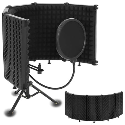 Microphone Isolation Shield, 5-Fold Adjustable Portable Reflection Filter with Tripod Stand & Pop Filter for Home Studio, Podcasting, Streaming, Fits Most Condenser Microphones