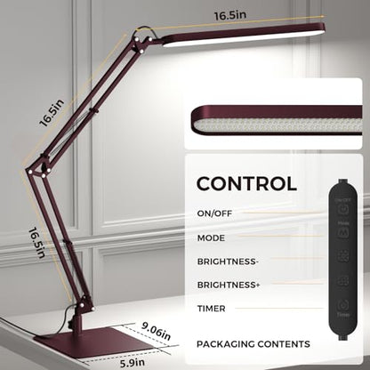 SKYLEO LED Desk Lamp with Slim Base - Adjustable Swing Arm Desk Light, Dimmable, Timer, Eye Protection, Memory Function, 1300LM, 12W, Red - style: Red swing arm with Base