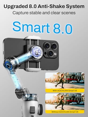 AOCHUAN Smartphone Gimbal Stabilizer for iPhone & Android, 3-Axis Phone Gimbal with Bluetooth Remote Control, Built-in 7.8” Extendable Rod, Face Tracking, Video Stabilizer – Smart V8 Kit White - color: White, size: V8 with RC
