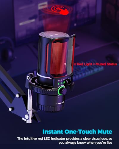 SINWE Gaming Microphone with Adjustable Boom Arm- USB PC Mic for Streaming, Gaming, Podcasts, PC, PS4 -Includes Pop Filter, Shock Mount, Quick Mute & RGB Lighting,Noise Cancelation & Gain Control