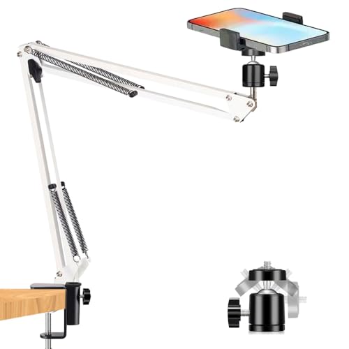 Overhead Tripod Mount for Camera Webcam Ring Light, Over Head Articulating Arm with Phone Holder and Ball Head, Desktop Suspension Scissor Accessory for Live Streaming,Video Recording （White） - color: New-white