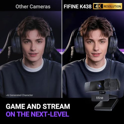 FIFINE K438 4K Resolution Webcam with Microphone | 4k Reseolution, Auto-Focus, USB Computer Camera, Built in Noise Reduction Mic, Privacy Cover, 6P Lens, 76.3° FOV, Plug & Play