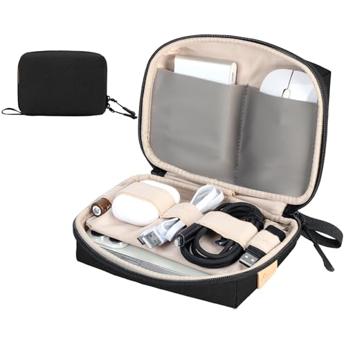 SIMTOP Small Tech Case Organizer for Cords Chargers Earbuds Travel Pouch | Small tech bag pouch for cables charger earbuds phone cords power bank soft padded case purse backpack office commute travel - color: Black