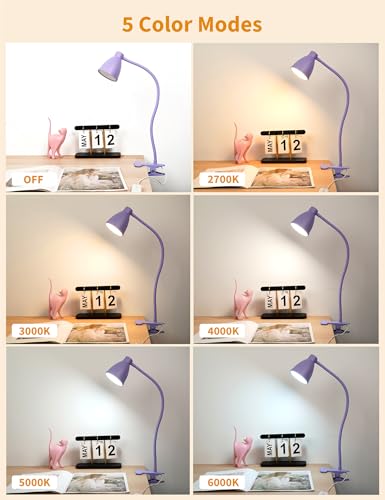 BOHON Desk Lamp with Clamp Clip on Light 5 Color 10 Brightness Lilac Purple | 10W 38 LED Flexible Gooseneck Clip Lamp, Auto Off Timer, Desk Lights for Office Home Bed Bedside Reading - color: Lilac Purple