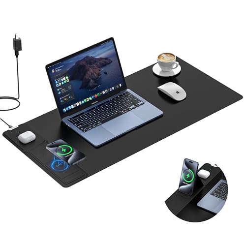 Wireless Charging Mouse Pad with Foldable Phone Holder, 31.5" x 15.8" XXL Large Desk Pad, Gaming Mousepad with Ultra-Smooth Surface, Non-Slip Base, Black Waterproof Desk Mat, with 20W PD Charging Kit - color: Black-Phone Holder-31.5"x15.8"-with Adapter