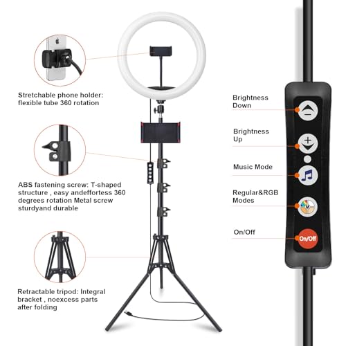12" Selfie Ring Light with 75" Tripod Stand & 2 Phone Holder, LED Camera Ringlight with 48 RGB Colors Modes & Musical Rhythm Mode and 12 Brightness Dimmable for TikTok/Makeup/Photography/Vlog - color: 12" Musical Version