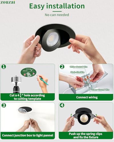 zouzai 4 Inch Gimbal LED Recessed Lights, Black, 6 Pack, with Junction Box, 360°+ 90° Adjustable, 5CCT 2700K-5000K, Dimmable, Canless Eyeball Downlight, CRI90+, 980LM 10W 120V, ETL - color: Black-4 inch, size: 6 Pack
