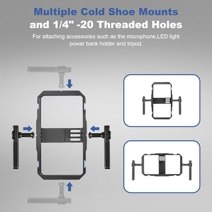 Universal Phone Cage Handheld Stabilizer Kit for Vlogging & Filmmaking, Smartphone Cage Video Rig with 360° Rotation Handles Compatible with iPhone 17/16/15/14/13 Series and Android Phones