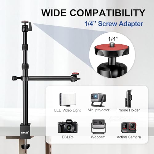 EMART Camera Desk Mount Table Stand, 39-90cm Adjustable Height with 360° Ball Head & 10.2'' Extension Arm, Max Load 4.4lb, Aluminum Tabletop C Clamp for Overhead Shooting, Live Streaming, Online Teach