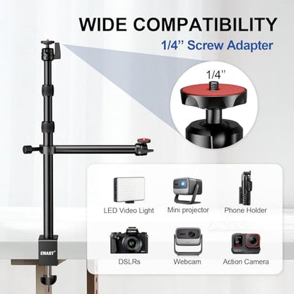 EMART Camera Desk Mount Table Stand, 39-90cm Adjustable Height with 360° Ball Head & 10.2'' Extension Arm, Max Load 4.4lb, Aluminum Tabletop C Clamp for Overhead Shooting, Live Streaming, Online Teach