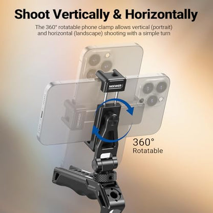 NEEWER Metal Phone Tripod Mount with Cold Shoes, 1/4" Thread, 180° Tilt, 360° Rotation, Adjustable Phone Clamp Holder Compatible with iPhone 17 Pro Max 16 15 Samsung S25 S24 Ultra Camera Cage, GA010 - style: GA010