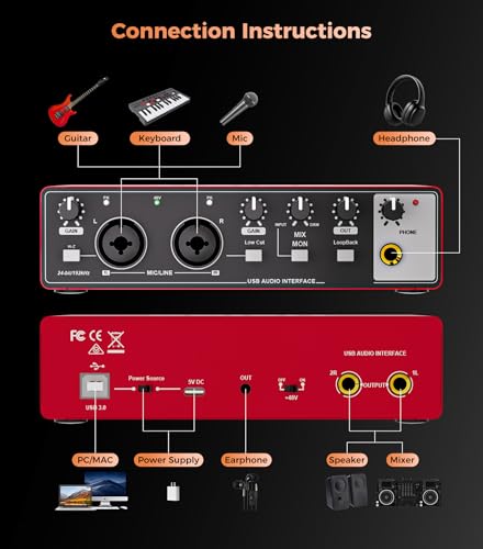 TISINO Audio Interface 24Bit/192kHz, USB Audio Interface for Recording, Songwriting, Streaming and Podcasting, Plug & Play Studio Interface with 48V Phantom Power, PC/Mac/iOS Compatible,RED