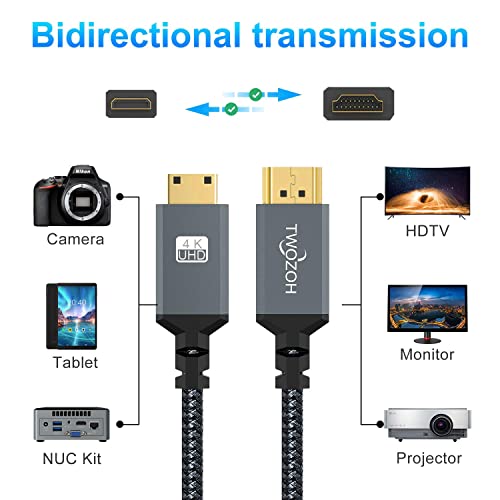 Twozoh Left Angled Coiled Mini HDMI to HDMI Cable, 90° Degree Mini HDMI to HDMI Coiled Cable Support 3D/4K 1080P Stretched Length to 1.5M / 5FT - size: 5 ft, style: Left Angled 1-Pack