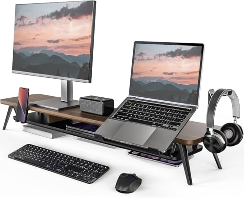 Fenge Dual Monitor Stand, Monitor Riser for 2 Monitors with Adjustable Laptop Riser , 42.5 Inch Desk Shelf for Top of Desk with Phone Holder& Headphone Stand - color: brown