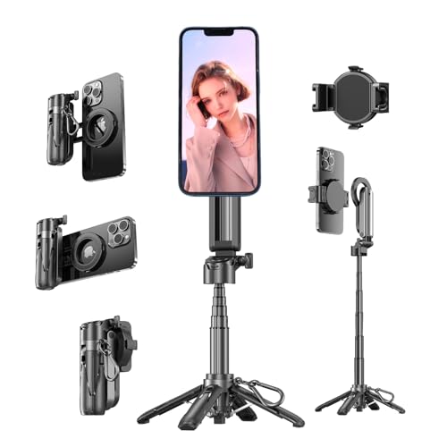 Magnetic Pocket Selfie Stick Compatible with MagSafe for iPhone | 4-in-1 multifunctional selfie stick with wireless remote; portable mini; great for live streaming, travel & outdoor shooting - style: Magnetic
