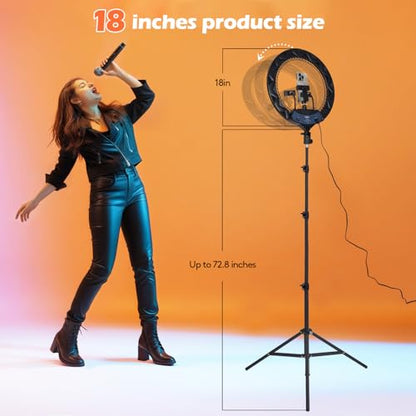GWO 18 inch LED Ring Light with Tripod Stand 6000K Dimmable Makeup Selfie Light with Touch Panel Phone Holders for YouTube Vlog Video Shooting Include Carrying Bag and Remote Control CRI>90