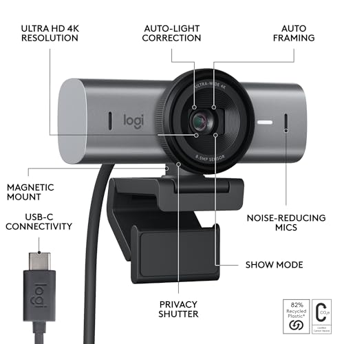 Logitech MX Brio Ultra HD 4K Webcam with Noise Reducing Microphones, AI-Enhanced Image Quality, Privacy Protector and USB-C Connection - Graphite