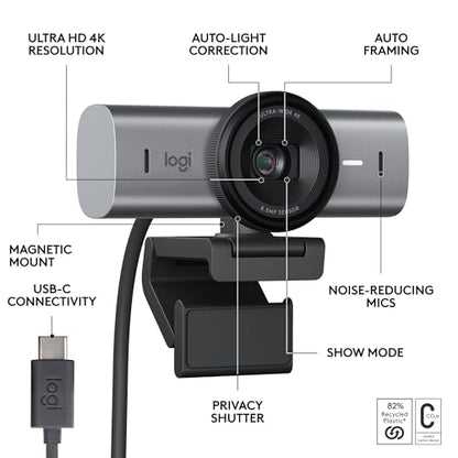 Logitech MX Brio Ultra HD 4K Webcam with Noise Reducing Microphones, AI-Enhanced Image Quality, Privacy Protector and USB-C Connection - Graphite
