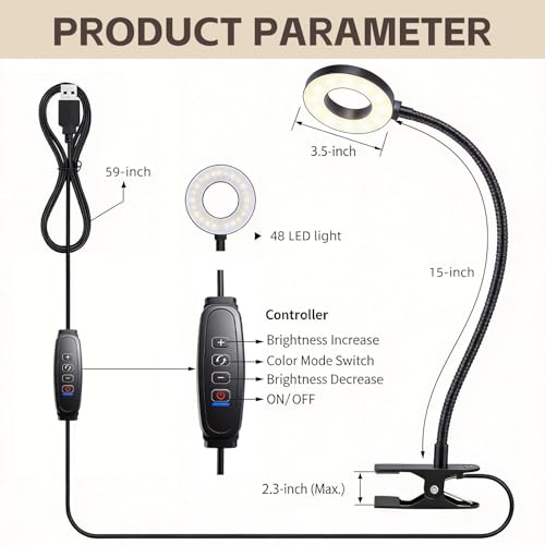 Clip on Light, LED Book Light for Reading in Bed, 48 LED Desk Lamp with Clamp, 3 Color Modes & 10 Brightness, 15" Flexible Gooseneck Reading Light for Bed Headboard, Dorm, Crafting, Home Office