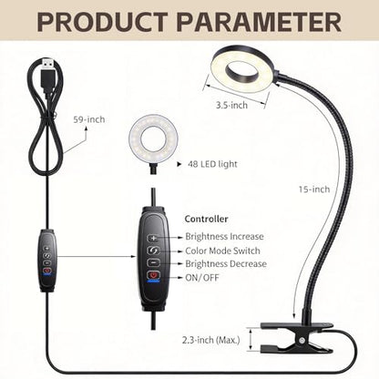 Clip on Light, LED Book Light for Reading in Bed, 48 LED Desk Lamp with Clamp, 3 Color Modes & 10 Brightness, 15" Flexible Gooseneck Reading Light for Bed Headboard, Dorm, Crafting, Home Office