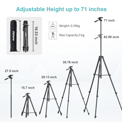 71" Camera Tripod, Versatile Cell Phone Tripod with Wireless Remote Phone Holder and Carry Bag, Lightweight Portable Camera Tripod Stand Compatible with Smartphone Cameras, Max Load 6.6 lbs