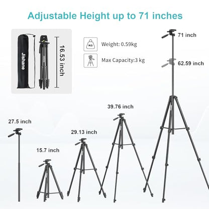 71" Camera Tripod, Versatile Cell Phone Tripod with Wireless Remote Phone Holder and Carry Bag, Lightweight Portable Camera Tripod Stand Compatible with Smartphone Cameras, Max Load 6.6 lbs