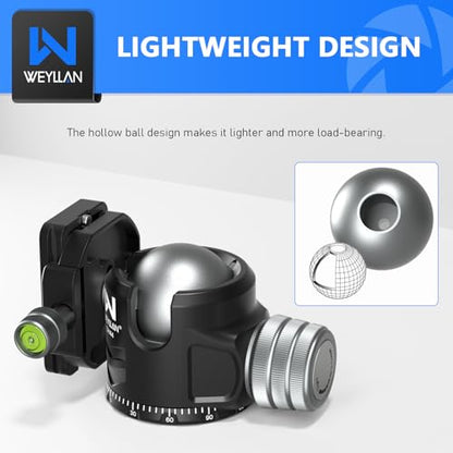 Tripod Head 44mm Low Profile Ball Head, WEYLLAN DH44 360 Degree Metal Panoramic Camera Ball Head Mount with Two Quick Release Plates, Arca Ballhead for Tripod Monopod DSLR Camera Max Load 55lbs/25kg - size: 44mm